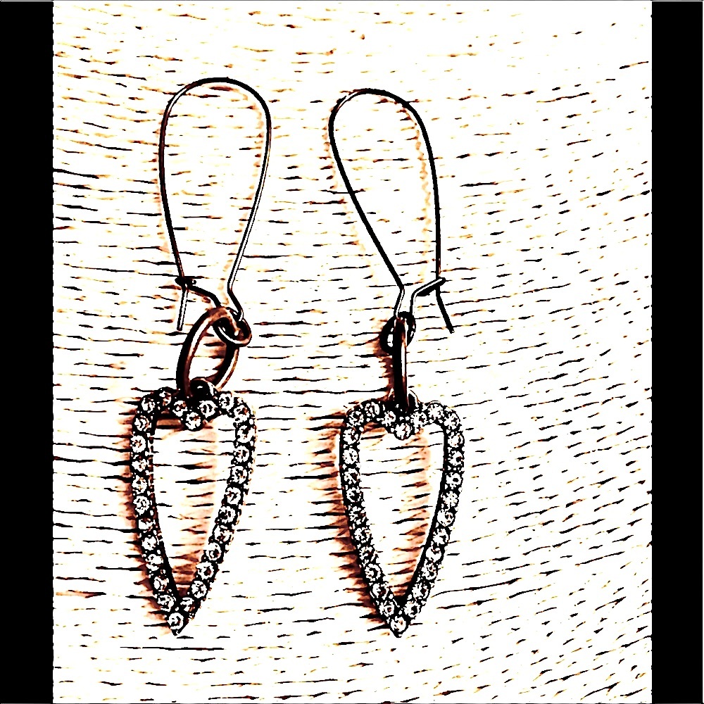 LONG RHINESTONE HEART EARRINGS CRYSTAL GOLDEN BRASS BIG WIRES or REGULAR   WIRES